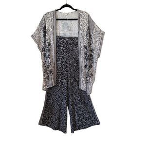 Max Studio Ivory & Black Kimono Top & Wide Leg Pants Sz S Indie, Boho